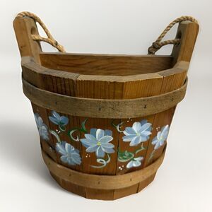Vintage Wood Half Bucket Wall Decor Planter w/Rope Handle Cottage Country Style